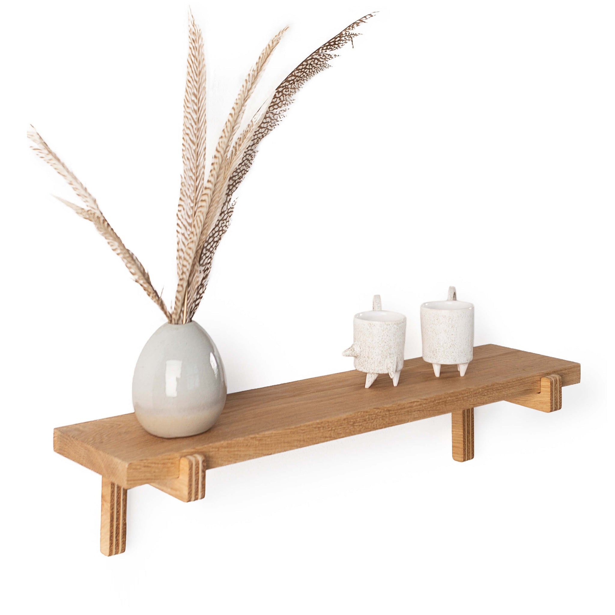 Two natural oak wood floating wall shelves with minimal home decor items and plants — view 5