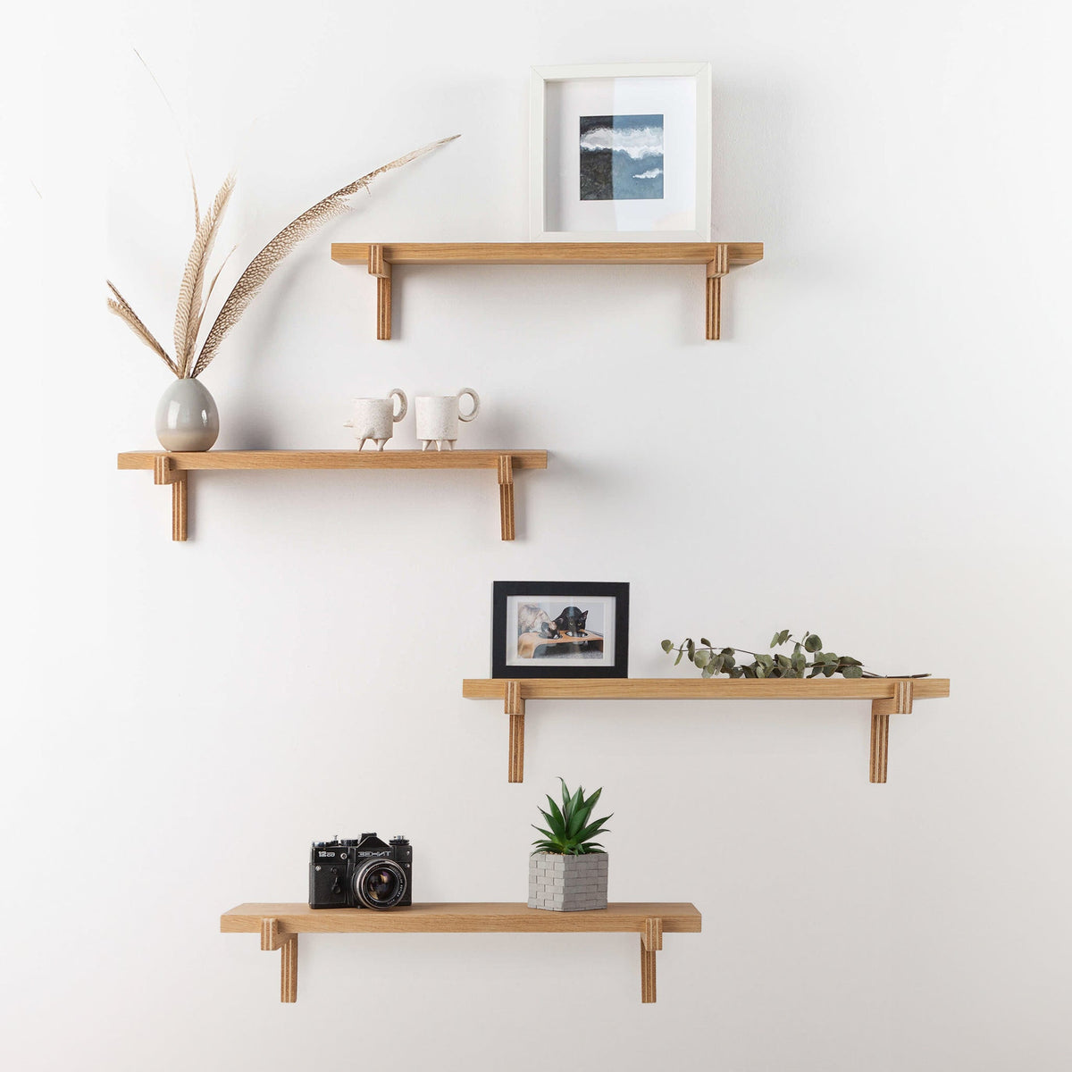 2 Floating Wooden Wall Shelves – Oak Shelves with Holders for Home & Office-6