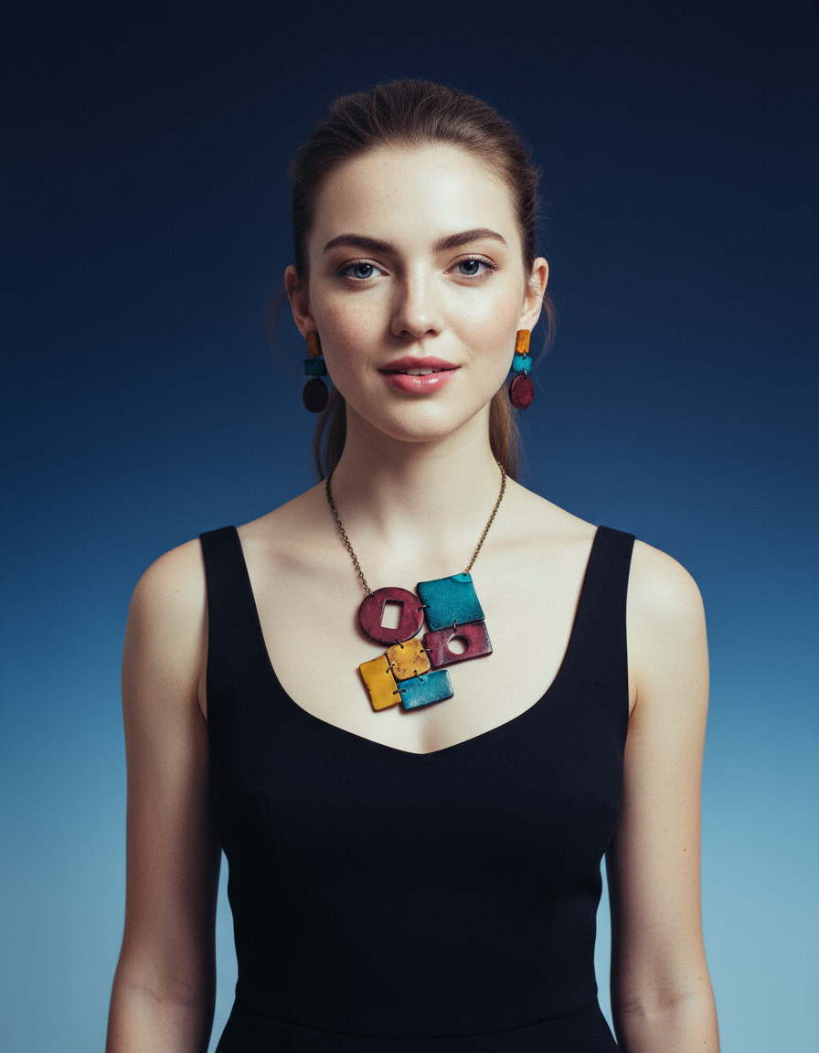 Geometric Statement Necklace, Maroon, Teal & Mustard Yellow, Handmade Polymer Clay-0