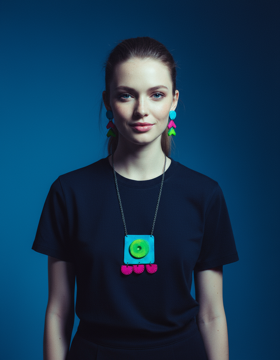 Large Neon Geometric Pendant Necklace, Handmade Polymer Clay, Post or Clip On Set-2