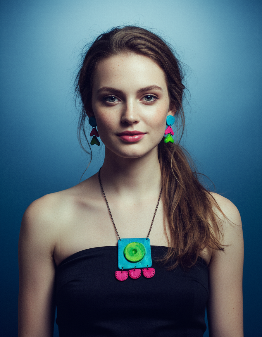 Large Neon Geometric Pendant Necklace, Handmade Polymer Clay, Post or Clip On Set-1