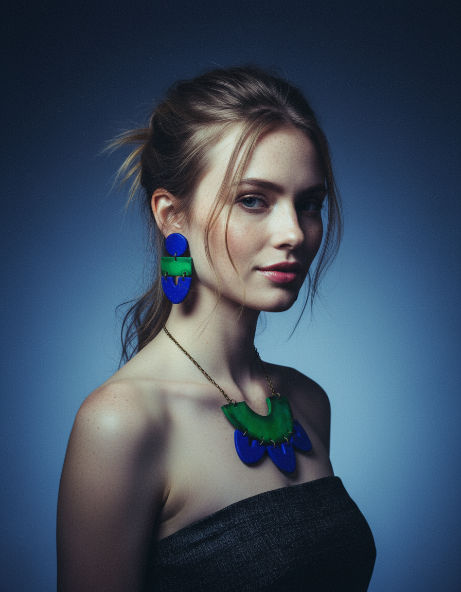 Green & Blue Clay Collar Statement Necklace, Handmade Polymer Clay-4