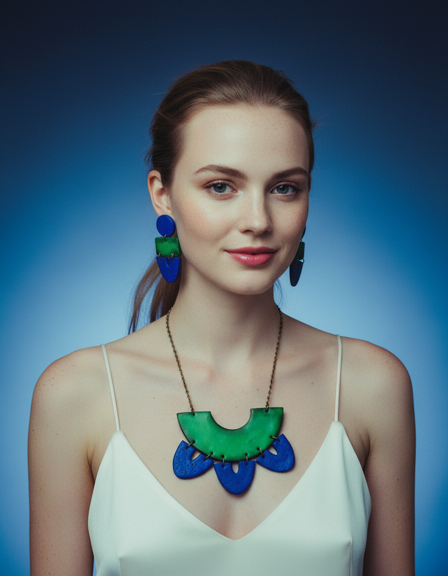 Green & Blue Clay Collar Statement Necklace, Handmade Polymer Clay-0