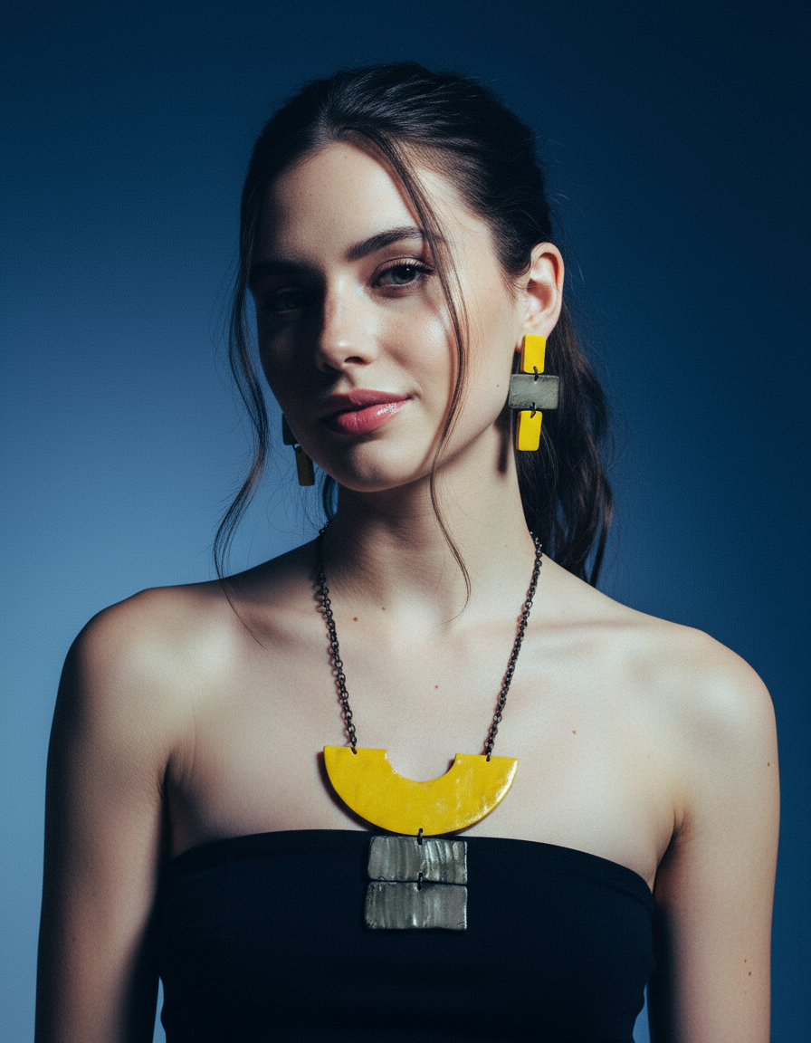 Yellow & Grey Chunky Statement Necklace & Earring Set Handmade-0