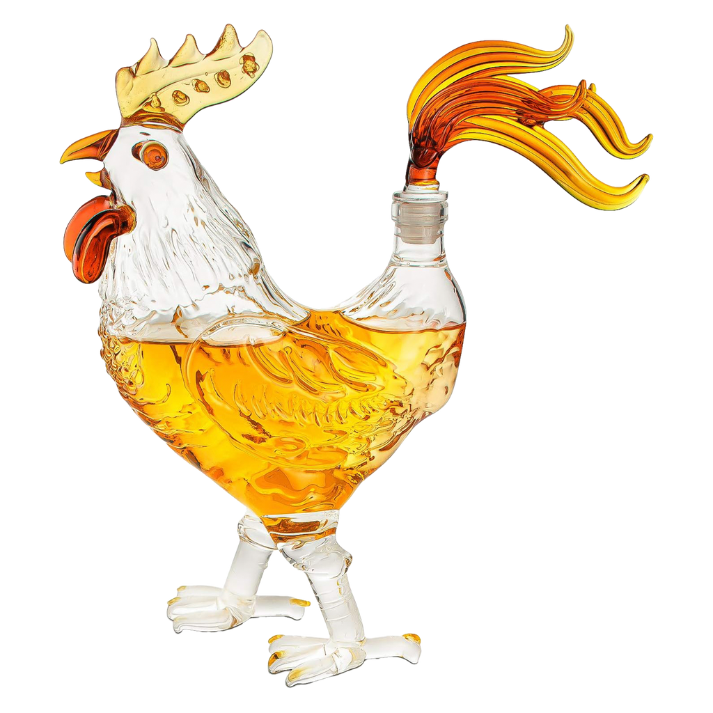 Rooster shaped 500ml glass whiskey decanter with colored accents and tail stopper