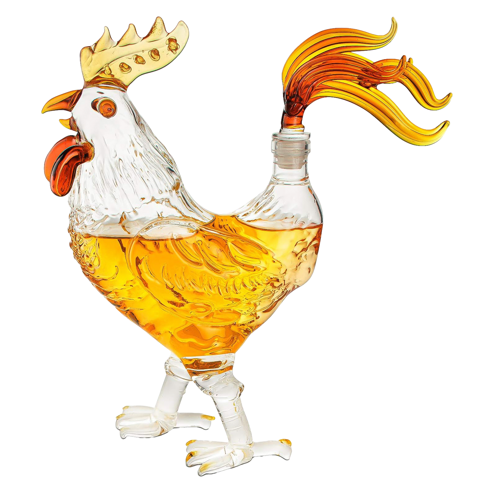 Rooster shaped 500ml glass whiskey decanter with colored accents and tail stopper