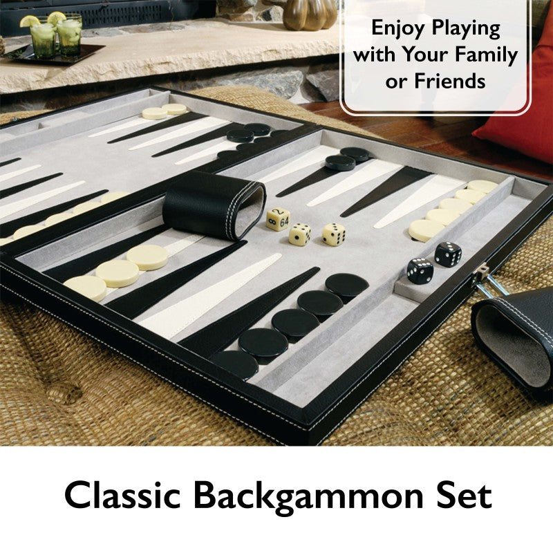 Classic 18-inch black leatherette backgammon board set with white and black playing pieces and dice — view 3