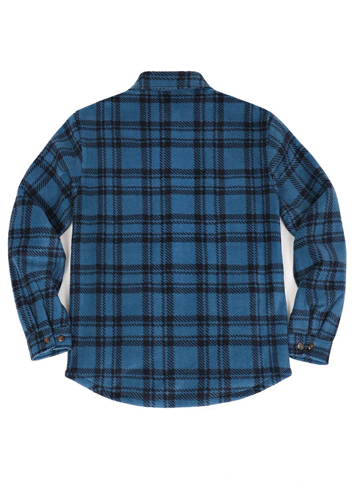 Men's sherpa lined plaid shacket in fleece material with button down front and chest pockets — view 3