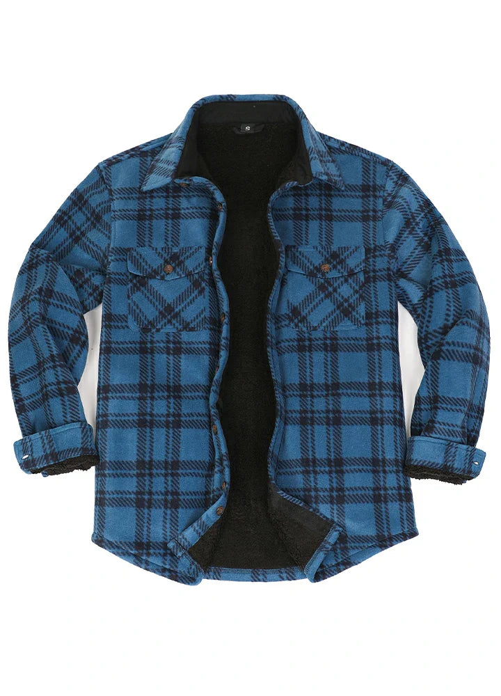 Men's sherpa lined plaid shacket in fleece material with button down front and chest pockets — view 2