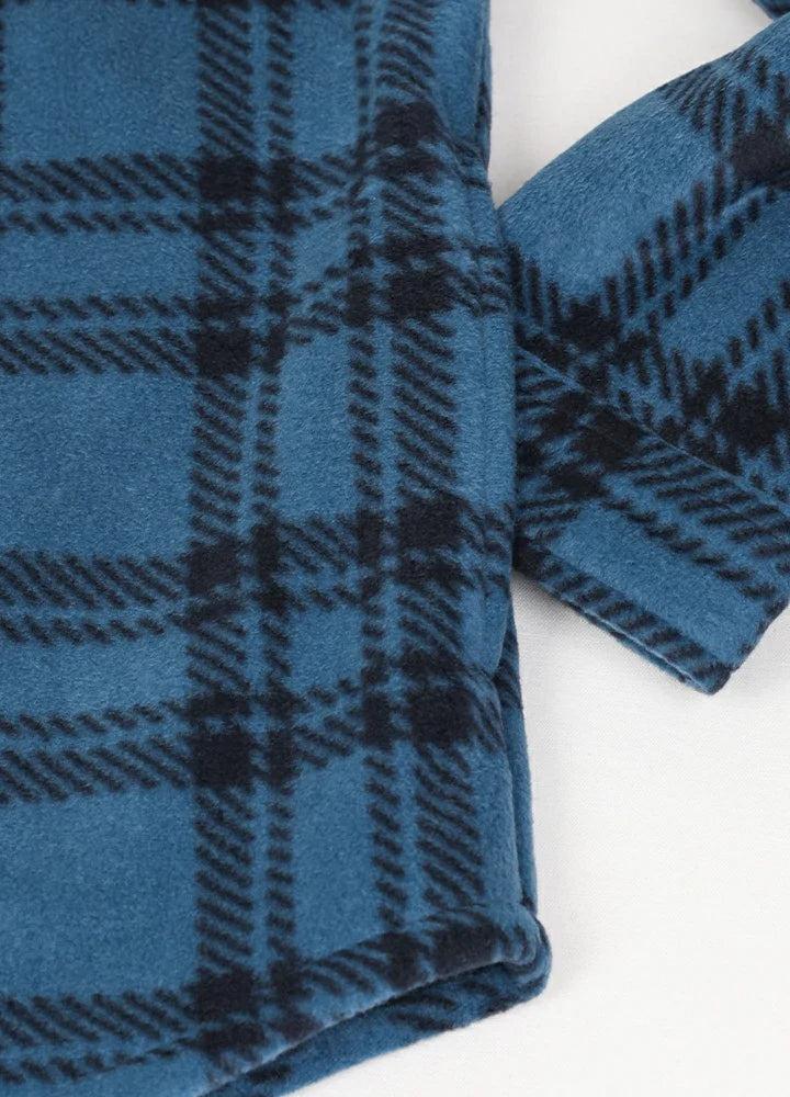 Men's sherpa lined plaid shacket in fleece material with button down front and chest pockets — view 5