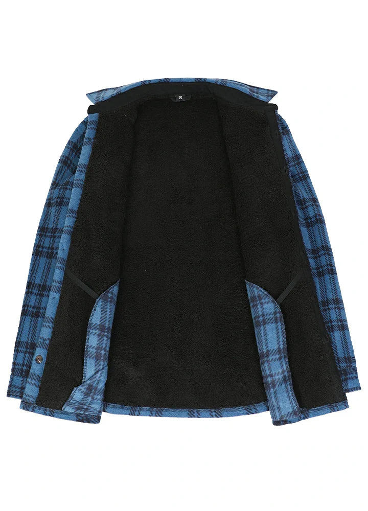 Men's sherpa lined plaid shacket in fleece material with button down front and chest pockets — view 4