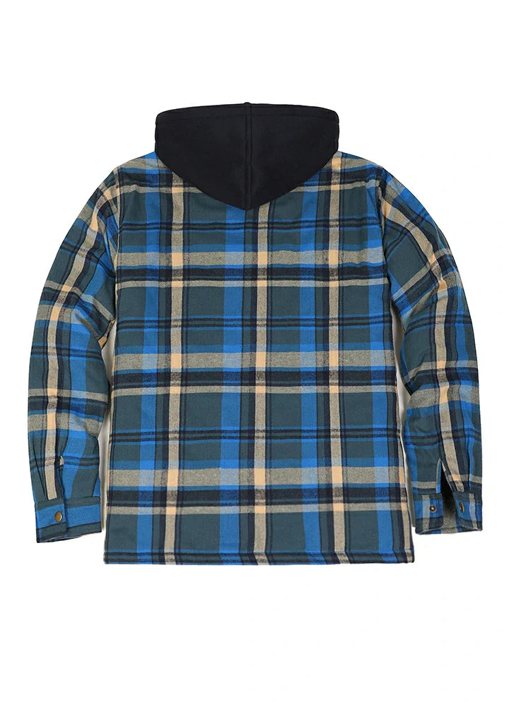 Men's thick plaid hooded flannel shirt jacket with quilted lining and adjustable fleece hood — view 3