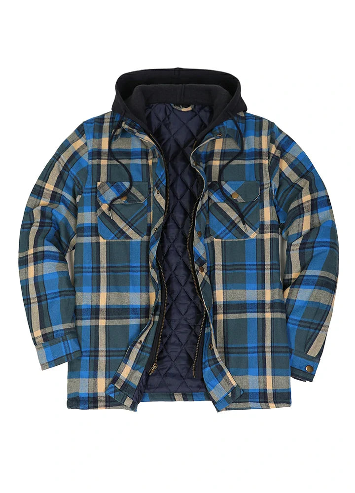 Men's thick plaid hooded flannel shirt jacket with quilted lining and adjustable fleece hood — view 2
