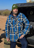 Men's thick plaid hooded flannel shirt jacket with quilted lining and adjustable fleece hood