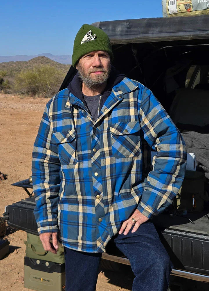 Men's thick plaid hooded flannel shirt jacket with quilted lining and adjustable fleece hood