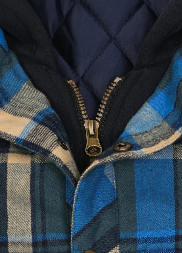 Men's thick plaid hooded flannel shirt jacket with quilted lining and adjustable fleece hood — view 4