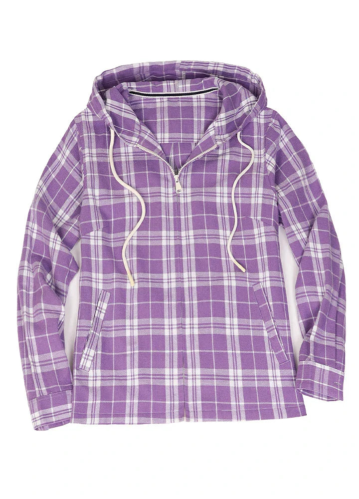 Womens full zip hooded flannel shirt in premium cotton with front pockets and adjustable hood