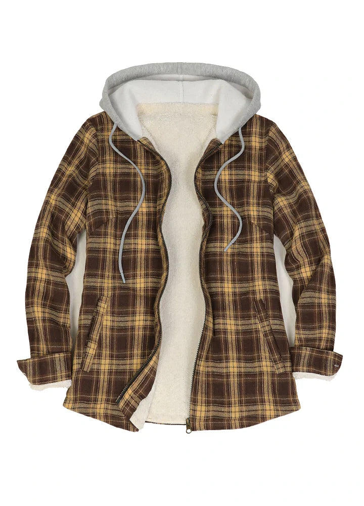 Women's full zip sherpa-lined flannel jacket with cozy fleece hood and functional pockets — view 2