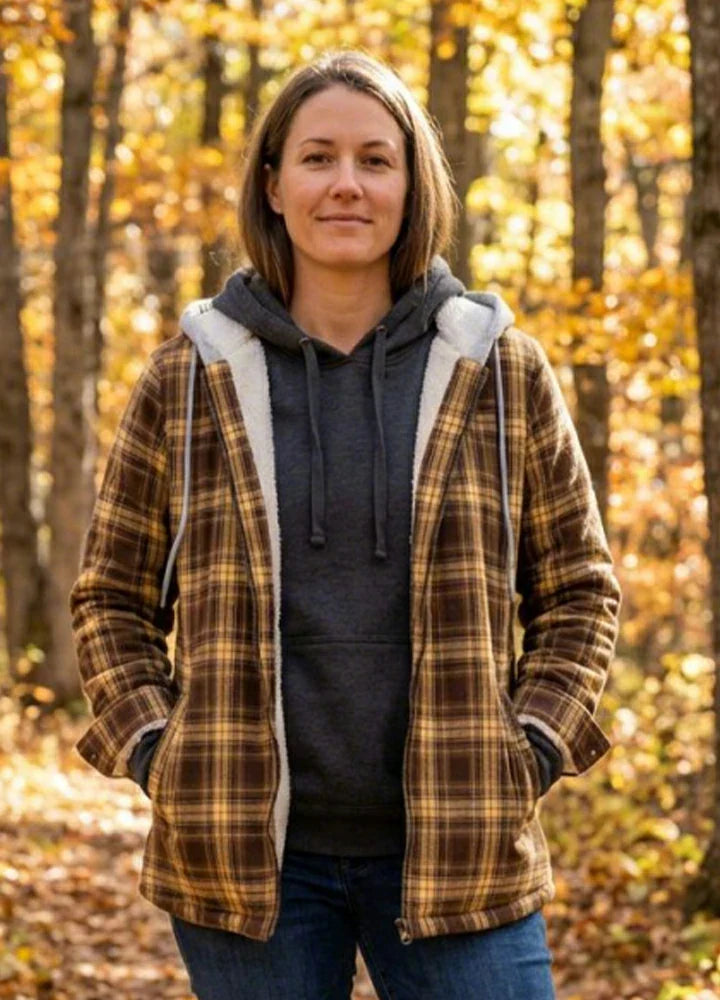 Women's full zip sherpa-lined flannel jacket with cozy fleece hood and functional pockets