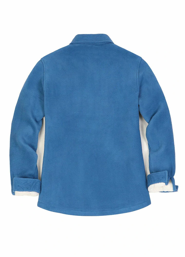 Womens sherpa lined winter fleece shirt jacket with button up front and twin chest pockets — view 5