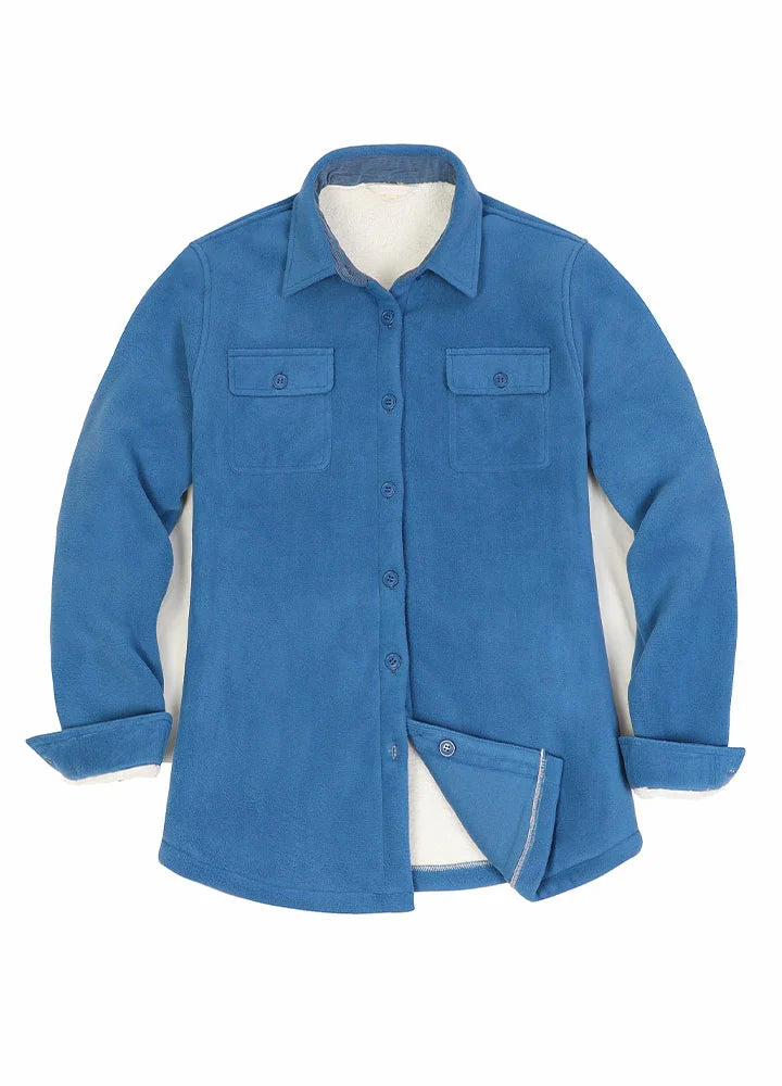 Womens sherpa lined winter fleece shirt jacket with button up front and twin chest pockets — view 4