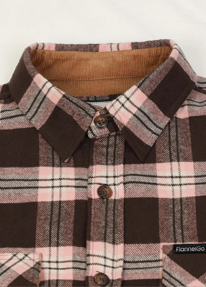 Mens midweight plaid flannel shirt in breathable cotton with button-up front and corduroy trim details — view 5