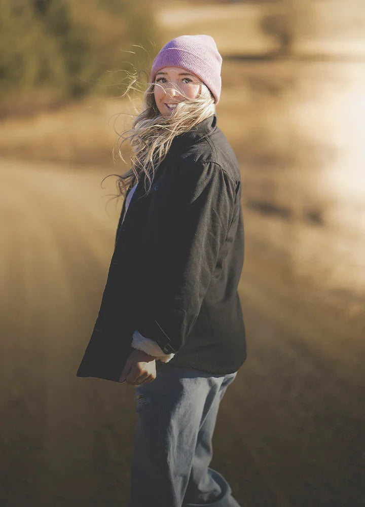 Women's sherpa lined cotton-blend flannel shirt jacket with button down front and utility pockets — view 5
