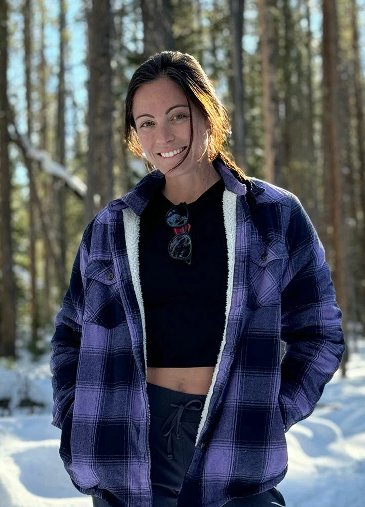 Women's sherpa lined cotton-blend flannel shirt jacket with button down front and utility pockets