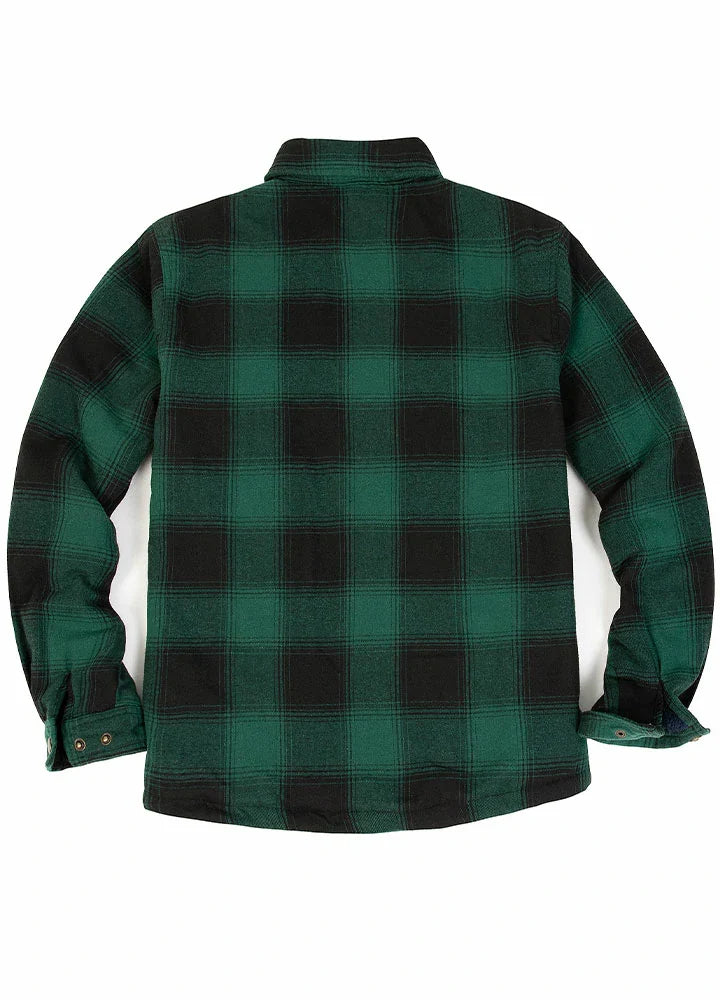 Mens Sherpa lined plaid flannel shacket with snap front closure and four functional pockets — view 5