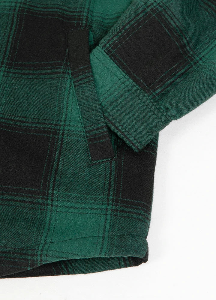 Mens Sherpa lined plaid flannel shacket with snap front closure and four functional pockets — view 4