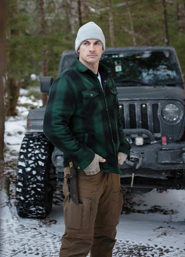 Mens Sherpa lined plaid flannel shacket with snap front closure and four functional pockets — view 2