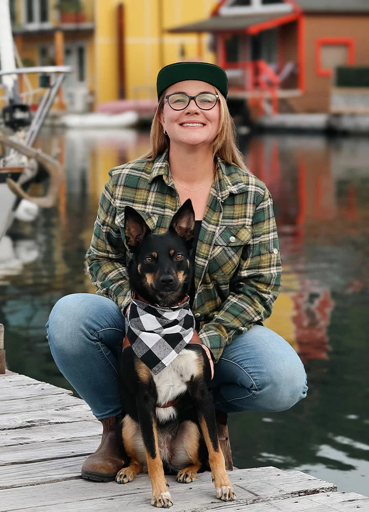 Women's wildlife adventure plaid flannel shirt in breathable cotton with rolled up nature print sleeves