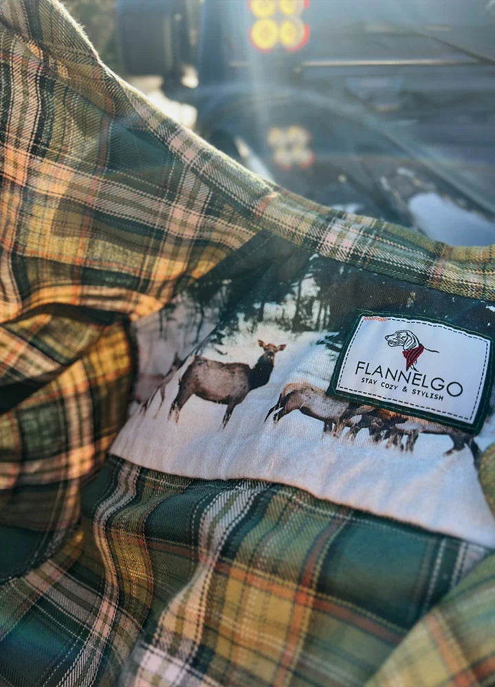 Women's wildlife adventure plaid flannel shirt in breathable cotton with rolled up nature print sleeves — view 5