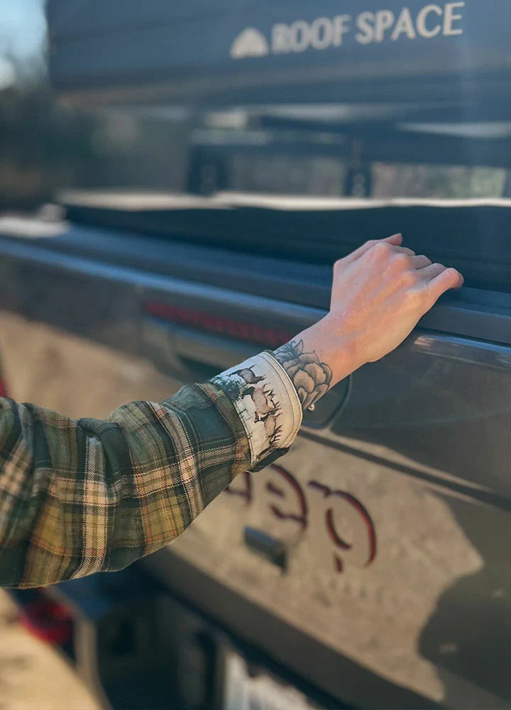 Women's wildlife adventure plaid flannel shirt in breathable cotton with rolled up nature print sleeves — view 4