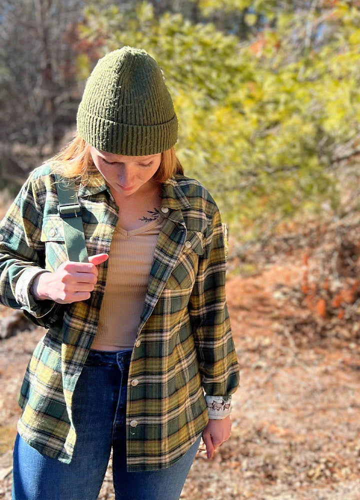 Women's wildlife adventure plaid flannel shirt in breathable cotton with rolled up nature print sleeves — view 2