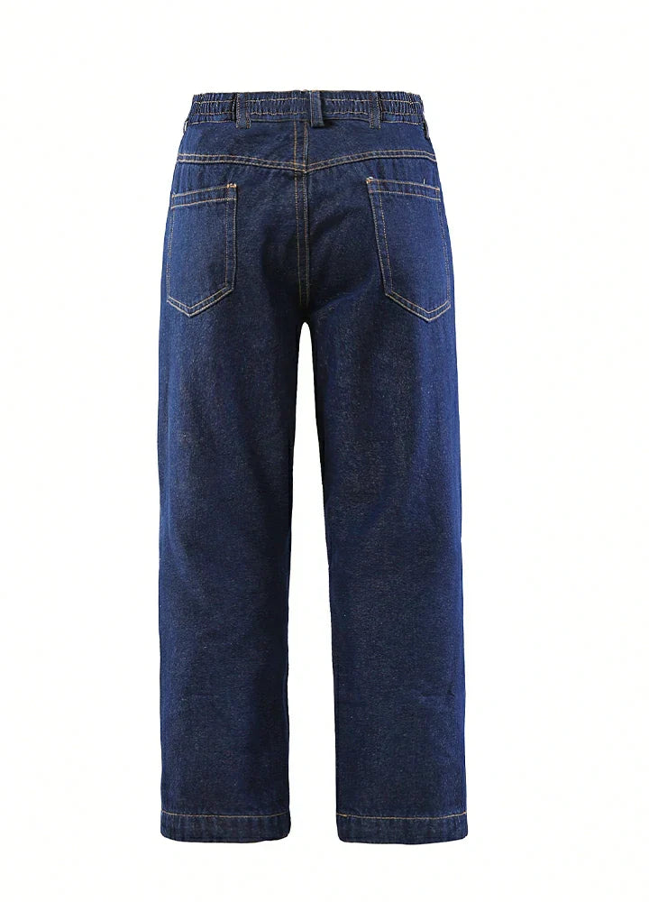 Kids flannel lined jeans with classic straight leg and rolled buffalo check plaid cuff — view 3