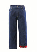 Kids flannel lined jeans with classic straight leg and rolled buffalo check plaid cuff