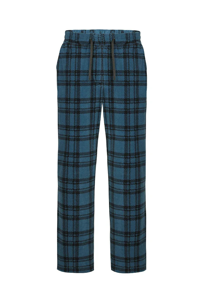 Men's plush fleece plaid pajama pants with an adjustable drawstring waist and practical front pockets