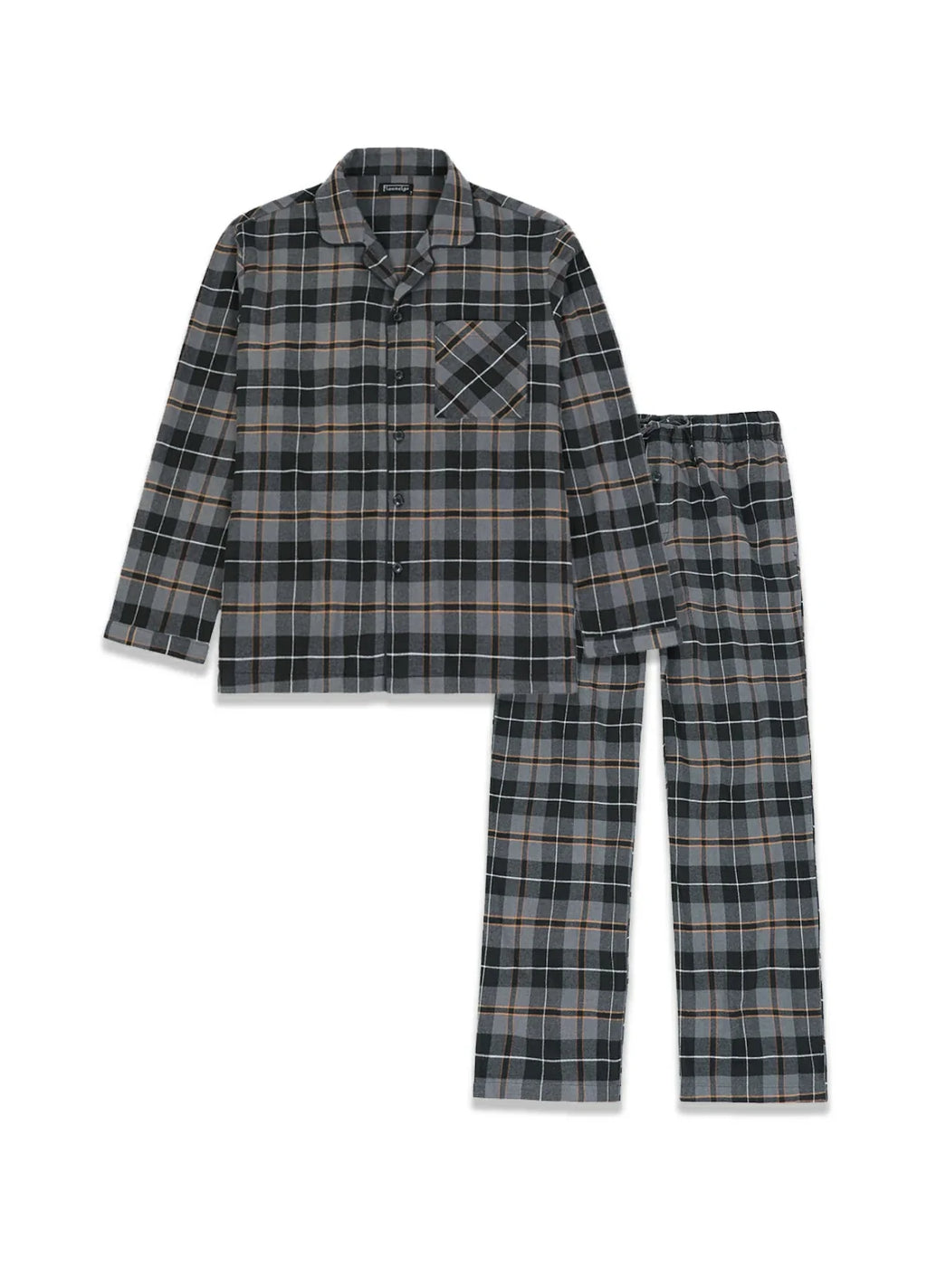 Men's cotton flannel plaid pajama set with button-front long sleeve shirt and matching pants
