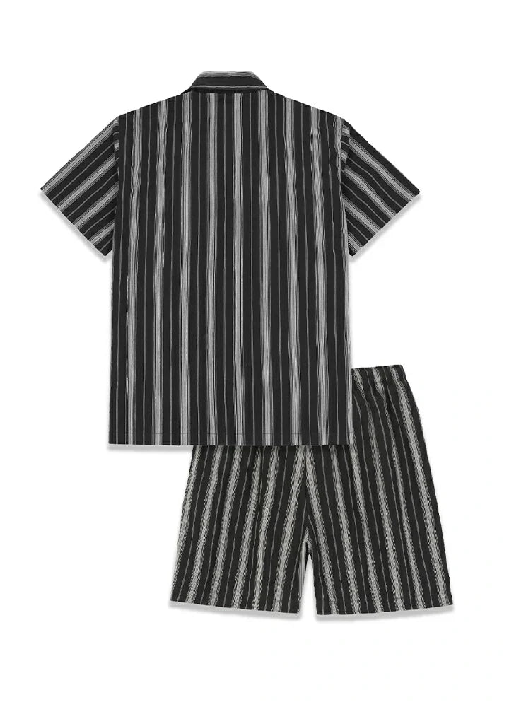 Mens seersucker pajama set in lightweight cotton featuring short sleeve camp collar shirt and matching shorts — view 3