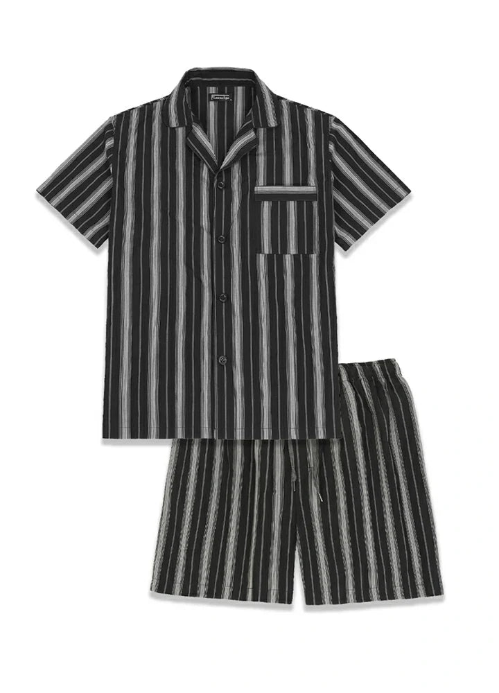 Mens seersucker pajama set in lightweight cotton featuring short sleeve camp collar shirt and matching shorts