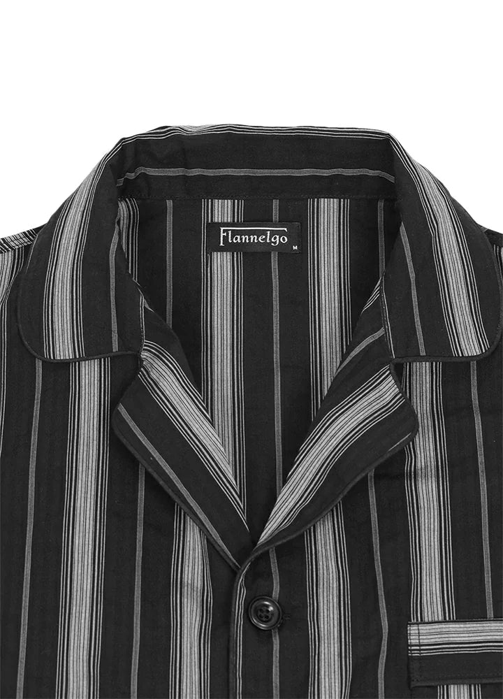 Mens seersucker pajama set in lightweight cotton featuring short sleeve camp collar shirt and matching shorts — view 2