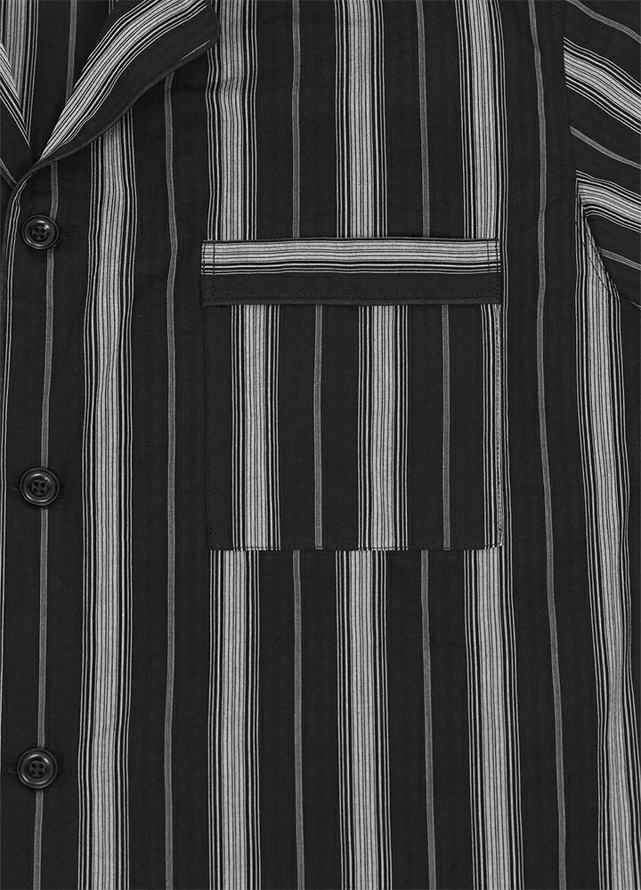 Mens seersucker pajama set in lightweight cotton featuring short sleeve camp collar shirt and matching shorts — view 4
