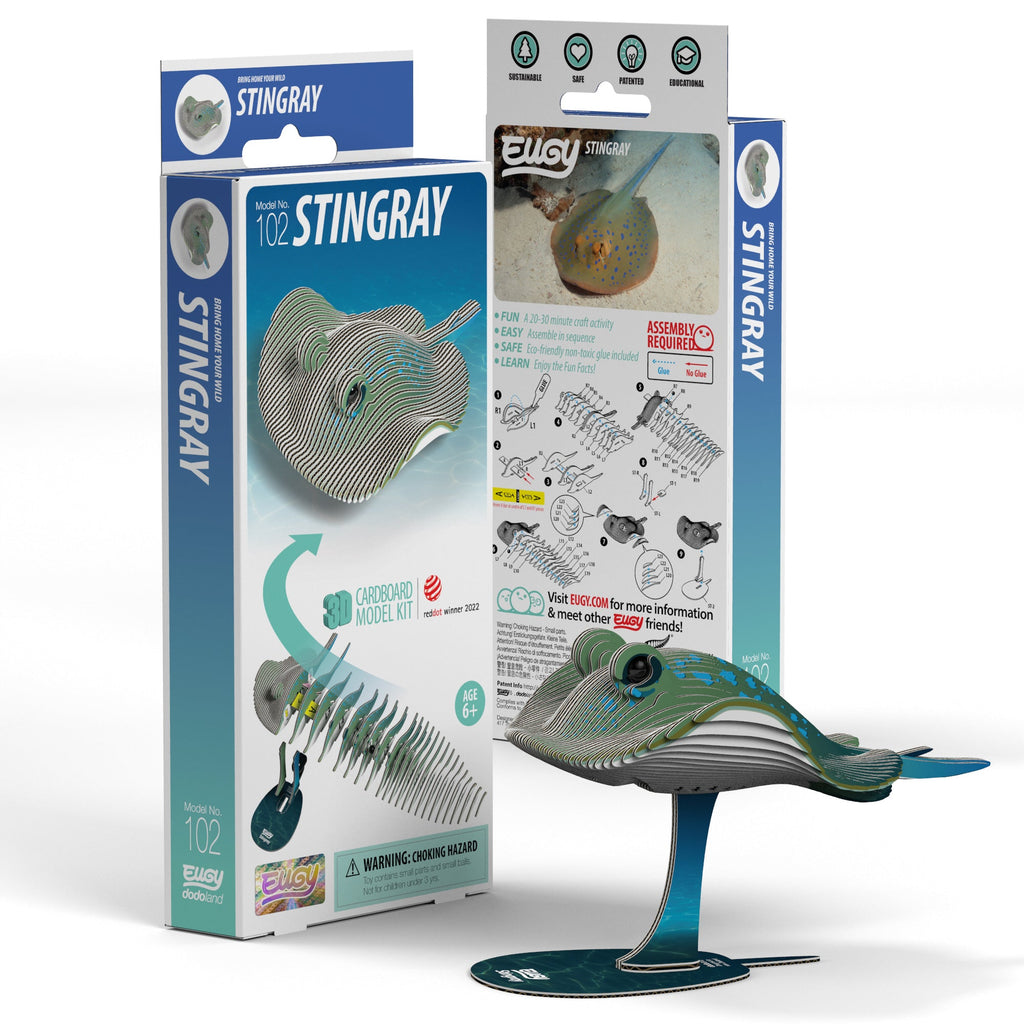 Stingray 3D puzzle built from eco-friendly biodegradable cardboard on a display stand