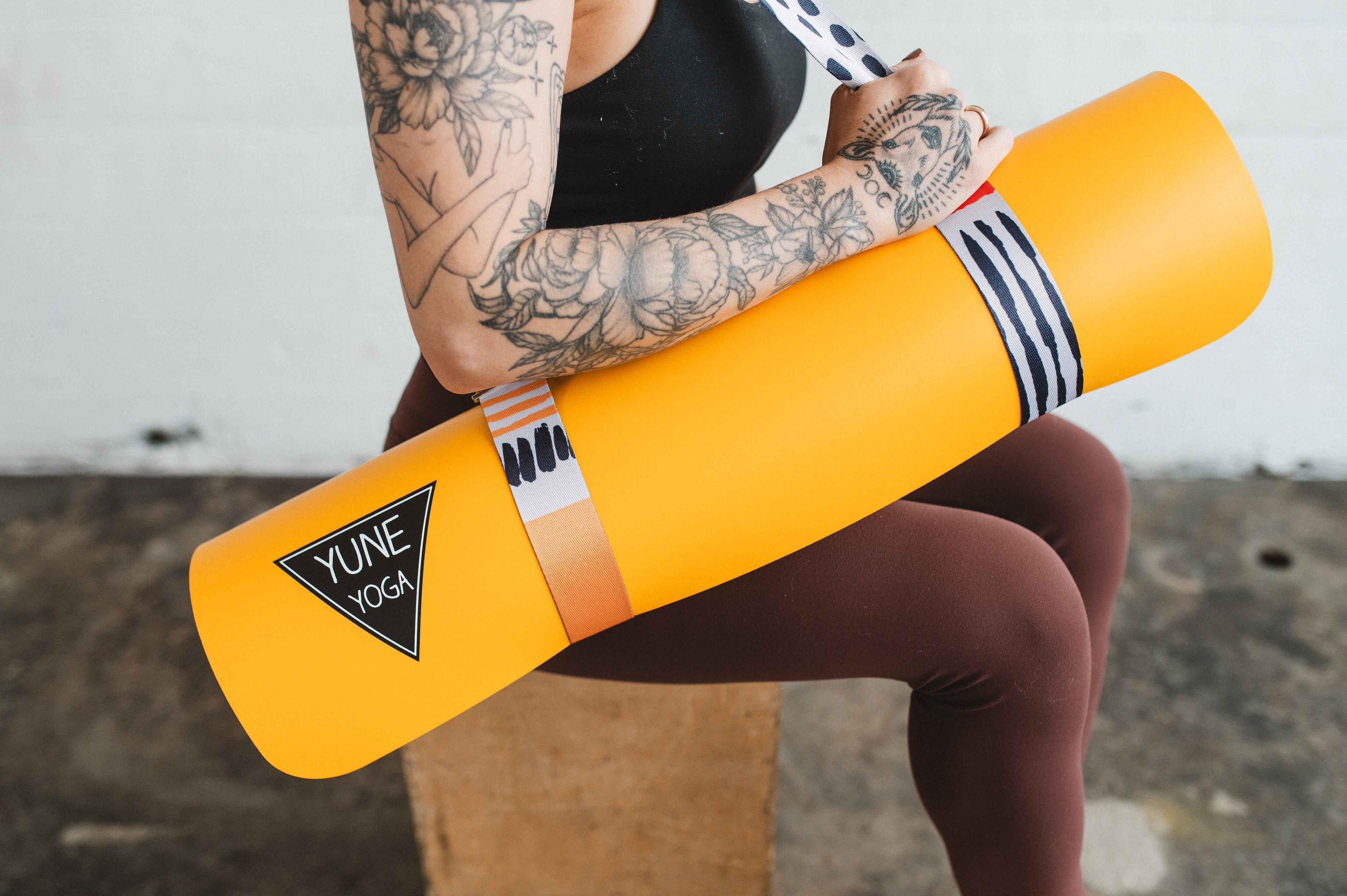 Leo yoga strap in yellow leopard print, 8-foot organic cotton mat carrier with metal buckles — view 4