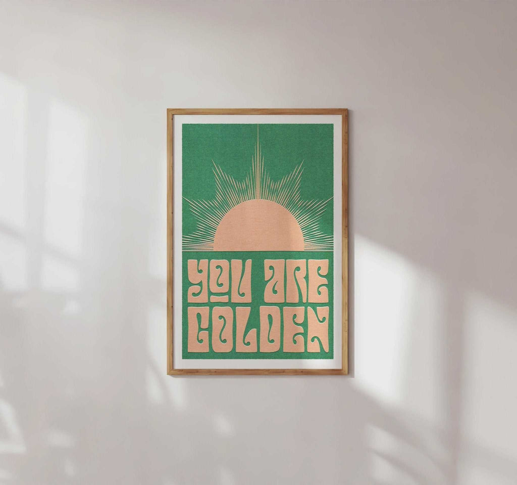 You Are Golden typography art print with minimal sun design in a modern wooden frame