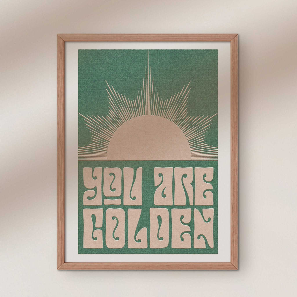 You Are Golden typography art print with minimal sun design in a modern wooden frame — view 2