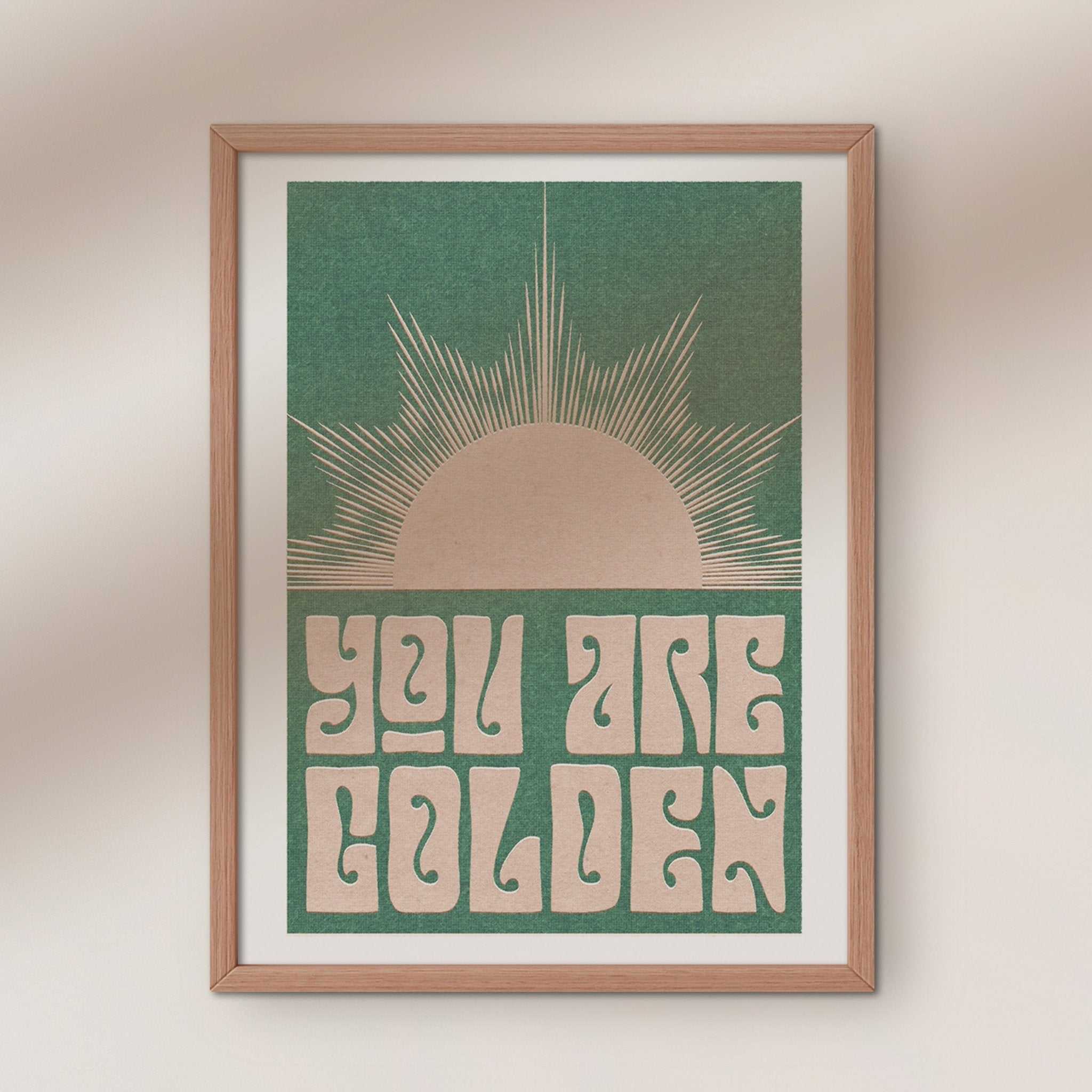 You Are Golden typography art print with minimal sun design in a modern wooden frame — view 2