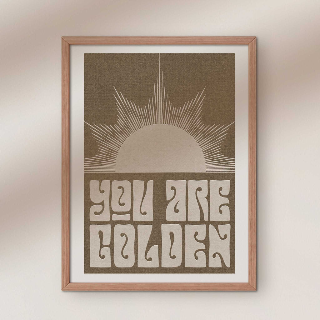 You Are Golden typography art print with minimal sun design in a modern wooden frame — view 3