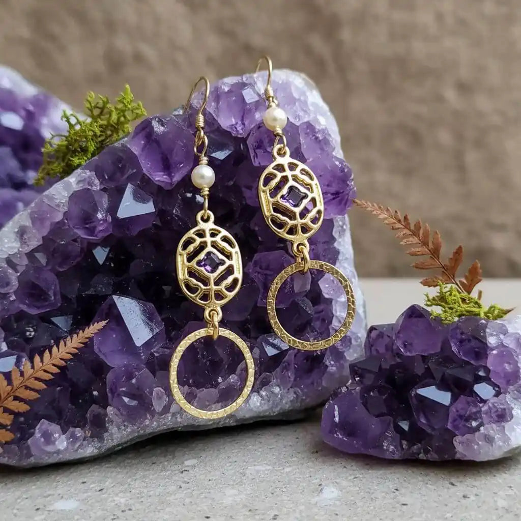 14 K Gold Filled Purple Crystal Circle Filigree Earrings-2